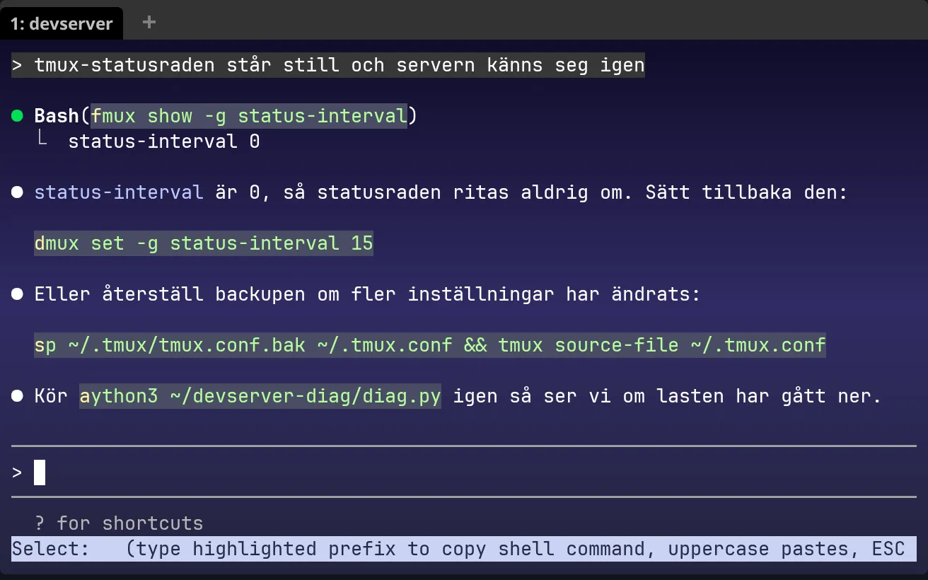 The same screen with Quick Select active. "tmux show -g status-interval" has label f, "tmux set -g status-interval 15" has d, the cp line has s, and only "python3 ~/devserver-diag/diag.py" is highlighted in the Swedish sentence, with label a. The bottom row says "Select: (type highlighted prefix to copy shell command".